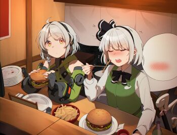 2girls absurdres ahoge anby_demara bare_shoulders black_bow black_bowtie black_choker black_gloves black_hairband black_ribbon blush bottle bow bowtie braid burger buttons chair choker chopsticks closed_eyes closed_mouth collared_shirt commentary crossover detached_sleeves english_commentary fingerless_gloves food french_fries gloves green_skirt green_sleeves green_vest grey_hair hair_ribbon hairband highres holding holding_burger holding_chopsticks holding_food holding_with_chopsticks izakaya konpaku_youmu konpaku_youmu_(ghost) long_sleeves look-alike multiple_girls open_mouth orange_eyes plate ribbon shirt short_hair side_braid sitting skirt sword touhou trait_connection umisaki underwear v-shaped_eyebrows vest weapon white_shirt zenless_zone_zero
