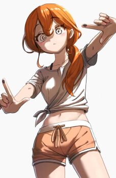 1girl 99dulgi blush breasts closed_mouth collarbone commentary_request dolphin_shorts double-parted_bangs eyelashes finger_frame korean_commentary long_hair low_ponytail midriff navel orange_hair orange_shorts original ponytail shirt shorts side_ponytail simple_background small_breasts solo standing white_background white_shirt white_trim wide-eyed