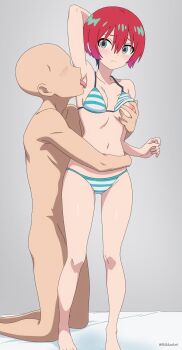 1boy 1girl absurdres amate_yuzuriha bra breasts closed_mouth clothed_female_nude_male grabbing_another's_breast grabbing_another's_stomach green_eyes groping gundam gundam_gquuuuuux hair_between_eyes hetero highres licking licking_armpit looking_back medium_breasts navel nipples nude panties red_hair rikka_(rikkaarts) short_hair solo_focus stomach striped_bra striped_clothes striped_panties underwear