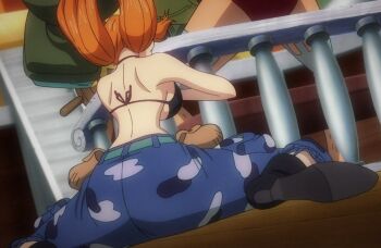 1boy 1girl alternate_costume alternate_hairstyle anime_screenshot ass back backboob bikini black_bikini blue_pants breasts curvy franky_(one_piece) huge_ass large_breasts low_twintails nami_(one_piece) official_alternate_costume official_alternate_hairstyle on_floor one_piece one_piece_heart_of_gold orange_hair pants ryona sitting string_bikini swimsuit toei_company twintails wide_hips
