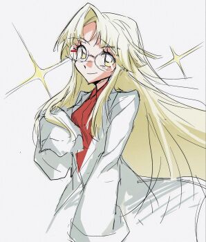 Rule 34 | 1girl, bang dream!, blonde hair, glasses, highres, lab coat, long hair, looking at viewer, naipi 2, red shirt, round eyewear, shirt, simple background, sketch, smile, solo, tsurumaki kokoro, upper body, very long sleeves, white background, yellow eyes