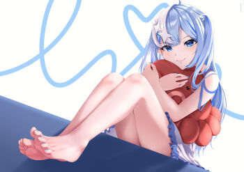 1girl absurdres barefoot blue_eyes blue_hair feet highres long_hair looking_at_viewer omazenzenn smile soles toes twintails