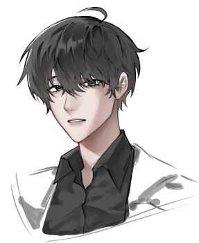 1boy black_eyes black_hair black_shirt coat collared_shirt double-parted_bangs expressionless hair_between_eyes head_tilt highres kim_dokja looking_at_viewer male_focus omniscient_reader&#039;s_viewpoint open_clothes open_coat parted_lips plu_awk portrait shirt short_hair solo white_coat