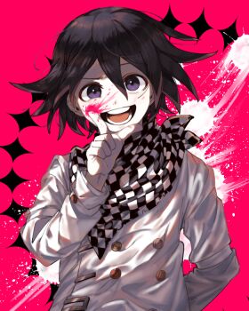 1boy arm_behind_back arm_belt belt black_scarf blood blood_on_face blood_splatter buttons checkered_clothes checkered_scarf colored_tips crazy crazy_eyes danganronpa_(series) danganronpa_v3:_killing_harmony double-breasted finger_to_cheek hair_between_eyes jacket male_focus multicolored_background multicolored_hair oma_kokichi open_mouth pale_skin pink_background pink_blood purple_eyes purple_hair scarf short_hair simple_background smeared_blood smile solo straight-on teeth two-tone_scarf upper_body white_belt white_blood white_jacket white_scarf zongil_salryeo