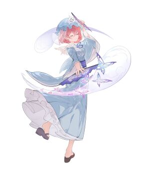 1girl blue_kimono brown_sandals bug butterfly chinese_commentary closed_eyes commentary_request devilkillerx frilled_kimono frills from_behind full_body hand_fan hand_up hat highres holding holding_fan insect japanese_clothes kimono long_sleeves mob_cap neck_ribbon obi pink_hair purple_ribbon purple_sash ribbon saigyouji_yuyuko sandals sash short_hair simple_background smile solo standing standing_on_one_leg touhou triangular_headpiece veil white_background wide_sleeves