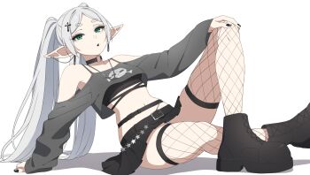 belt black_boots black_eyeshadow black_lips black_nails black_skirt boots chain_belt choker crop_top cross earrings elf emo_fashion eyeshadow fishnet_thighhighs fishnets frieren goth_fashion green_eyes highres jewelry makeup nekoromancer o-ring o-ring_choker panties pantyshot parted_bangs pleated_skirt pointy_ears punk self-upload skirt sousou_no_frieren teardrop_earrings thighhighs twintails underwear white_hair zettai_ryouiki