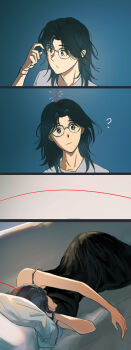 2girls ? absurdres black_dress black_hair closed_mouth commentary dress english_commentary green_eyes grey_shirt highres long_hair lying multiple_girls on_side original ossan_jololol pillow s_line_(kkomabi) shirt sleeping strap_slip