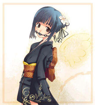 1girl ball_gag bdsm black_hair bondage bound brown_eyes exif_thumbnail_surprise female_focus flower gag gagged hair_bun hair_flower hair_ornament head_tilt japanese_clothes kimono obi original sash short_hair single_hair_bun solo standing third-party_edit tomoe_(symbol) traditional_clothes wings