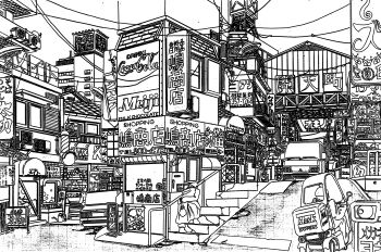 absurdly_detailed_composition absurdres car chinese_commentary coca-cola commentary_request complex_exterior greyscale highres meiji_(brand) monochrome motor_vehicle original outdoors pen_(medium) people road scenery sign stairs street traditional_media translation_request urban yamaguti