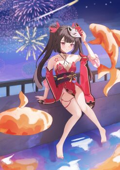 1girl absurdres barefoot commentary dress fireworks fish fox_mask goldfish hair_ornament highres honkai:_star_rail honkai_(series) japanese_clothes legs long_sleeves looking_at_viewer mask mask_on_head mimiliaa night poolside shooting_star sky smile sparkle_(honkai:_star_rail) star_(sky) starry_sky symbol-only_commentary twintails