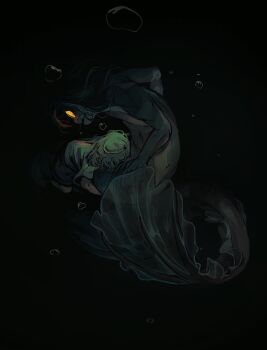 Rule 34 | 2boys, absurdres, air bubble, black hair, black shorts, bubble, colored sclera, commentary, curled up, empty eyes, english commentary, glowing, glowing eyes, highres, hugging another's tail, hugging tail, monster boy, multiple boys, muscular, muscular male, original, shirt, short hair, shorts, t-shirt, tail, toebeez, underwater, white hair, white shirt, yellow sclera