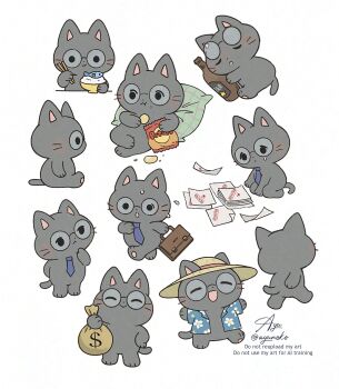 1boy ayu_(mog) beer_bottle black_cat cat chips_(food) chopsticks closed_eyes dollar_sign eating fish food glasses green_pillow happy hawaiian_shirt highres necktie open_mouth original paper rice sad shirt signature sitting sleeping standing sweat walking whiskers white_background