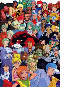 absolutely_everyone aoki_ryuusei_spt_layzner apollon arion armor artist_collaboration artist_name black_hair blonde_hair blue_eyes blue_hair brown_eyes burn_burnings char_aznable character_request chico_biente chouriki_robo_galatt cigar cigarette coconna colored_skin copyright_request crossover crusher_joe dark_skin densetsu_kyojin_ideon double_bun dr._kiwi elchi_cargo everyone fa_yuiry gavlet_gable giant_gorg gido_(arion) gije_zaral ginga_hyouryuu_vifam glasses gloves goggles gostello green_hair green_skin grey_hair gundam gundam_zz hair_bun hair_over_one_eye hand_on_another&#039;s_shoulder hat headband high_schultatte highres jewelry jid_mueller juusenki_l-gaim kamil_kashmir_jr katue_piason kikou-kai_galient killer_the_butcher koros kozone_masami lady_lynx lalah_sune long_hair mardal mobile_suit_gundam mughi multiple_boys multiple_girls muteki_choujin_zambot_3 muteki_koujin_daitarn_3 no_pupils official_style oldna_poseidal oomori_hidetoshi out_(magazine) outstretched_arm pendant pointy_ears ponytail poster_(medium) red_hair retro_artstyle ricky_(crusher_joe) robot rod_balboa ru_kain salute scan scar seisenshi_dunbine sentou_mecha_xabungle shoulder_armor soukou_kihei_votoms sunahara_ikue sunrise_(company) taiyou_no_kiba_dougram talos_(crusher_joe) third_eye timp_sharon trider_g7 v yellow_eyes ypsilon zeta_gundam