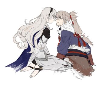 Rule 34 | 1boy, 1girl, black hairband, couple, female corrin (fire emblem), fire emblem, fire emblem fates, hair ribbon, hairband, hetero, high ponytail, highres, japanese clothes, long hair, looking at another, nearlydusk, nintendo, ponytail, red ribbon, ribbon, takumi (fire emblem)