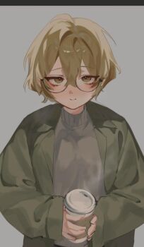 1boy blonde_hair blush closed_mouth coat cup disposable_coffee_cup disposable_cup glasses green_coat grey_background grey_sweater highres holding holding_cup limbus_company looking_at_viewer male_focus project_moon short_hair shos3gu sinclair_(project_moon) solo standing sweater upper_body yellow_eyes zwei_association_south_uniform