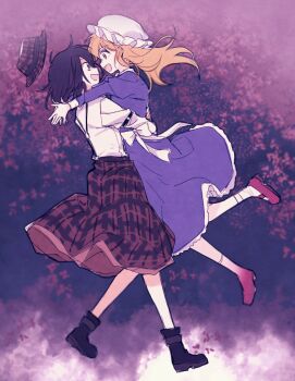 Rule 34 | 2girls, :d, alternate costume, black boots, black eyes, black hair, blonde hair, boots, bow, carrying, carrying person, collared dress, commentary, dress, frilled dress, frills, hand on another's back, hat, hug, jumping, long hair, long sleeves, looking at another, maribel hearn, mob cap, multiple girls, open mouth, plaid clothes, plaid hat, plaid skirt, purple dress, re ghotion, red shoes, sash, shirt, shirt tucked in, shoes, short hair, sketch, skirt, sleeve cuffs, sleeve garter, smile, socks, standing, suspender skirt, suspenders, touhou, unworn headwear, usami renko, white bow, white hat, white sash, white shirt, white socks, yuri