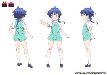 1boy absurdres bare_legs blue_eyes blue_hair blush blush_stickers bow copyright_notice curvy green_bow hair_bow hair_ribbon highres legs lloyd_de_saloum long_hair looking_at_viewer low_ponytail multiple_views no_male_underwear official_art ponytail prince reference_sheet ribbon short_shorts short_sleeves shorts smile standing tensei_shitara_dai_nana_oji_datta_no_de:_kimama_ni_majutsu_o_kiwamemasu toes torn_clothes wide_hips