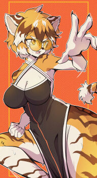 1girl absurdres animal_ears arknights black-framed_eyewear black_dress blonde_hair breasts cleavage coldsyrup commentary_request dress glasses halterneck highres large_breasts looking_at_viewer orange_background solo tail tiger_ears tiger_girl tiger_stripes tiger_tail waai_fu_(arknights) yellow_fur