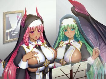 2girls action_taimanin alternate_costume aqua_eyes artist_request blush cleavage_cutout clothing_cutout curvy dark_skin demon_girl dual_persona game_cg green_eyes green_hair heart horns indoors lilith-soft lips long_hair looking_at_another multiple_girls nail_polish official_alternate_costume official_art phantasma_(taimanin_rpgx) pink_hair revealing_clothes shiny_skin simple_background sweat taimanin_(series) very_long_hair wide_hips wings