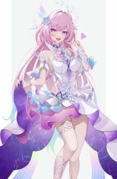 1girl aqua_hair bare_shoulders breasts commentary cyrene_(honkai:_star_rail) cyrene_(ripples_of_past_reverie)_(honkai:_star_rail) diamond-shaped_pupils diamond_(shape) dress earrings flower gradient_hair hair_flower hair_ornament heart highres honkai:_star_rail honkai_(series) jewelry large_breasts long_hair looking_at_viewer multicolored_hair nenne_(sleeping) open_mouth pink_hair purple_eyes smile solo symbol-shaped_pupils thighs very_long_hair white_dress white_hair
