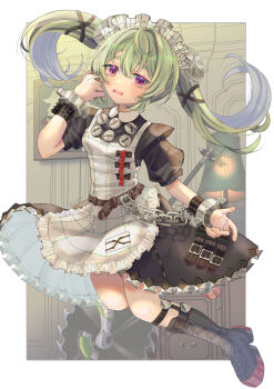 1girl absurdres belt black_boots black_dress boots breasts chain circular_saw commentary_request corin_wickes cuffs dress fang fingernails full_body highres knee_boots lamp long_hair maid maid_headdress mrhgrt open_mouth painting_(object) puffy_short_sleeves puffy_sleeves purple_eyes saw screw_hair_ornament short_sleeves skin_fang solo twintails zenless_zone_zero