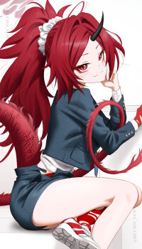 1girl absurdres alternate_costume black_horns black_panties blue_archive bucho_sama dragon_girl dragon_horn dragon_tail eyeshadow grey_jacket grey_skirt halo highres horns jacket long_hair long_sleeves makeup miniskirt panties panty_peek ponytail red_eyes red_eyeshadow red_hair red_halo red_tail renge_(blue_archive) school_uniform shirt shoes single_horn sitting skirt smile sneakers solo tail underwear very_long_hair white_shirt