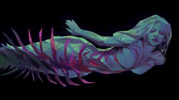 1girl absurdres black_background body_markings commentary empty_eyes green_light grey_hair highres long_hair mermaid monster_girl nude original outstretched_arms painterly pink_eyes pink_lips simple_background solo swimming symbol-only_commentary twulfs