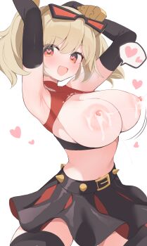 1girl :d armpits arms_up belt black_belt black_gloves black_skirt black_thighhighs black_tube_top blonde_hair breasts burnice_white cleavage clothes_pull commentary elbow_gloves eyewear_on_head gloves heart heart_in_eye highres hone_kawa lactation large_breasts looking_at_viewer miniskirt nipples open_mouth red-tinted_eyewear red_eyes revision shirt_pull simple_background skirt smile solo speech_bubble spiked_belt spikes spoken_heart strapless sunglasses symbol_in_eye thighhighs tinted_eyewear tube_top twintails variant_set white_background zenless_zone_zero zettai_ryouiki