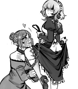 2girls apron black_dress black_shoes blush breasts chain chain_leash character_request closed_mouth collar comentary commentary copyright_request cuffs dress english_commentary frilled_dress frills grey_dress grey_hair greyscale hair_bun half-closed_eyes handcuffs heart holding holding_leash kneehighs kneeling leash leg_up light_frown long_sleeves maid maid_apron maid_headdress medium_breasts medium_hair monochrome motion_lines multiple_girls muzzle_(mask) nanadouken off-shoulder_dress off_shoulder partially_shaded_face pointy_ears role_reversal shoes short_hair simple_background socks turning_head white_apron white_background white_hair yuri