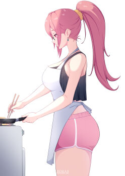 1girl absurdres apron bare_arms black_tank_top breasts chopsticks closed_mouth commentary cooking cowboy_shot dolphin_shorts english_commentary from_side frying_pan glasses hair_ornament hair_scrunchie highres holding holding_chopsticks large_breasts long_hair looking_down pink_eyes pink_hair pink_shorts ponytail profile scrunchie septiawan_dms shorts simple_background smile solo tank_top tsukishiro_yanagi white_apron white_background yellow_scrunchie zenless_zone_zero