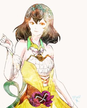 1girl bare_shoulders brown_hair closed_mouth commentary copyright_name double-parted_bangs dress final_fantasy final_fantasy_xiv hair_rings hand_up hyur medium_hair ruka_(blueplus84) simple_background smile solo sphene_(ff14) tiara white_background yellow_eyes