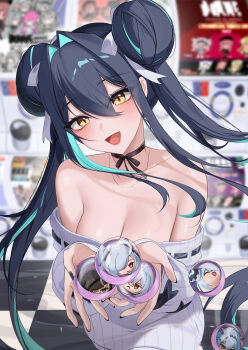 1girl :d absurdres aqua_hair bare_shoulders black_hair black_nails blush breasts cinderella_(nikke) cleavage collarbone commentary double_bun gani1127 goddess_of_victory:_nikke grave_(nikke) gretel_(nikke) hair_between_eyes hair_bun hair_ribbon hansel_(nikke) highres large_breasts little_mermaid_(beautiful_bubble)_(nikke) little_mermaid_(nikke) long_hair long_sleeves looking_at_viewer mori_(nikke) multicolored_hair off-shoulder_sweater off_shoulder official_alternate_costume open_mouth ribbon smile solo standing sweater two-tone_hair upper_body white_ribbon yellow_eyes