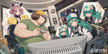 !? 1boy 1girl absurdres akiha_rumiho akiha_rumiho_(cosplay) antonina_(neural_cloud) aqua_hair baseball_cap brown_hair character_request check_character commentary_request controller copyright_name cosplay crossover douwo_mkd fat fat_man fisheye game_cg game_controller girls'_frontline girls'_frontline_neural_cloud glasses gloves green_eyes green_shirt hashida_itaru hat headphones highres holding holding_controller holding_game_controller image_in_thought_bubble indoors maid monitor official_art otaku pink_hair pom_pom_(cheerleading) science_adventure second-party_source shirt steins;gate t-shirt taisch_(neural_cloud) yellow_eyes