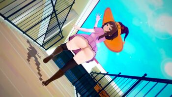 1girl 3d absurdres anus ass brown_hair curvy dutch_angle female_focus hat highres huge_ass kono_subarashii_sekai_ni_shukufuku_wo! kyojiri_loli loli looking_at_viewer looking_back megumin narrow_waist no_panties pussy short_hair skirt smile sodevs solo stairs thick_thighs thighs v witch_hat