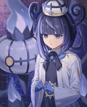 1girl black_dress black_hair blunt_bangs bob_cut chandelure coat dress eyelashes gen_5_pokemon gloves gradient_hair gwynn_(pokemon) highres long_hair looking_at_viewer mega_stone mint_pk multicolored_hair nintendo open_clothes open_coat parted_lips partially_fingerless_gloves pokemon pokemon_(creature) pokemon_legends:_z-a purple_eyes purple_hair short_hair upper_body white_coat wide_sleeves