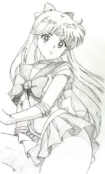 1girl absurdres aino_minako bishoujo_senshi_sailor_moon elbow_gloves gloves graphite_(medium) highres i4teruz long_hair magical_girl pleated_skirt sailor_collar sailor_senshi_uniform sailor_venus simple_background skirt solo thick_thighs thighs traditional_media white_background white_gloves