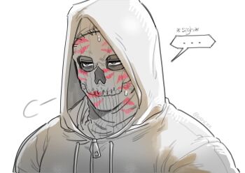 Rule 34 | ..., 1boy, absurdres, balaclava, call of duty, call of duty: modern warfare 2, commentary, ghost (modern warfare 2), hashtag-only commentary, highres, hood, hood up, hoodie, k4nczz, lipstick mark, looking to the side, male focus, sanpaku, simple background, solo, speech bubble, spoken ellipsis, white background, zipper pull tab