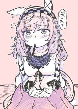 1girl alternate_costume animal_ears blush braid breasts brown_hair buena_vista_(umamusume) casual collarbone commentary_request food hairband horse_ears horse_girl horse_tail looking_at_viewer medium_breasts pocky_day simple_background sitting solo tail umamusume wingo_(wingo809361131)