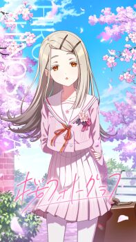 1girl bench blonde_hair brick_wall briefcase bush buttons cherry_blossoms cloud colored_eyelashes earrings english_text flower gakuen_idolmaster game_cg hair_ornament hairclip holding idolmaster japanese_text jewelry official_art open_mouth orange_eyes pantyhose petals pink_skirt sailor_collar sakura_photograph_(idolmaster) shinosawa_hiro skirt solo white_pantyhose