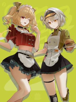 2girls absurdres anby_demara apron baiser3rd black_choker black_skirt blonde_hair breasts burger burnice_white choker crop_top feet_out_of_frame food highres looking_at_viewer maid_headdress medium_breasts multiple_girls one_eye_closed parted_lips red_eyes red_skirt skirt smile thigh_strap twintails visor_cap white_apron white_hair yellow_eyes yellow_skirt zenless_zone_zero