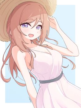 1girl absurdres bare_arms blue_eyes blush breasts brown_hair cleavage collarbone commentary_request dress dutch_angle gakuen_idolmaster hat highres himesaki_rinami idolmaster long_hair looking_at_viewer makuraapillow medium_breasts signature sleeveless sleeveless_dress smile solo straw_hat sundress v-neck white_dress