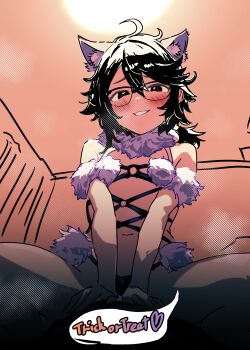1girl 1other absurdres animal_ears blush breasts cosplay curtains english_text fate/grand_order fate_(series) fur-trimmed_legwear fur_bikini fur_trim girl_on_top glasses grin halloween_costume highres hinamatsu_(86089979) looking_at_viewer mash_kyrielight mash_kyrielight_(dangerous_beast) mash_kyrielight_(dangerous_beast)_(cosplay) momijiyama_teru pov revealing_clothes shy_(series) smile solo speech_bubble teeth