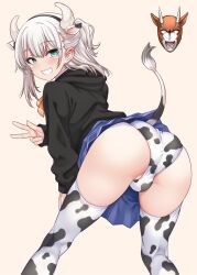 1boy animal_ears animal_print anus anus_peek ass black_sweater blonde_hair blue_skirt blush bulge clothes_lift come_hither cow_boy cow_ears cow_horns cow_print cow_print_panties cow_print_thighhighs cow_tail crossdressing crossdressing_(mtf) ears fake_animal_ears green_eyes hair_between_eyes hands_on_own_knees head_back headband highres horns imminent_penetration kneepits leggings looking_at_viewer male_focus medium_hair monochrome_background nanamatsu_kenji pale_skin panties peace_symbol penis penis_in_panties penis_peek print_thighhighs raised_eyebrows ribbon school_uniform shiny_skin simple_background skindentation skirt skirt_lift sleeves_past_wrists smile solo sweater tail tail_raised teeth testicle_peek testicles thick_thighs thighhighs thighs trap underwear