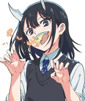 1girl aoki_ruri black_eyes black_hair breath_weapon breathing_fire claw_pose collared_shirt dragon_horns fangs fire gyuhii horns looking_at_viewer necktie open_mouth ruridragon shirt simple_background slit_pupils smile solo sweater_vest teeth upper_body white_background