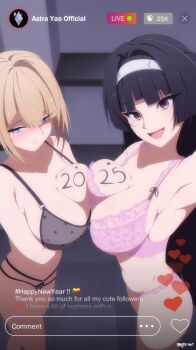2girls :d armpits astra_yao bare_legs black_bra black_hair black_panties blonde_hair blush body_writing bra breast_press breasts daddraw embarrassed english_text evelyn_chevalier hair_ornament highres hime_cut large_breasts livestream long_hair looking_at_viewer looking_to_the_side mole mole_under_eye multi-strapped_panties multiple_girls navel open_mouth panties pink_bra pink_panties purple_eyes selfie short_hair sideboob smile thighs underwear yuri zenless_zone_zero