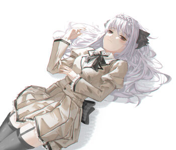 1542_700 1girl absurdres black_thighhighs collared_shirt dress frilled_dress frills garter_straps highres long_hair looking_at_viewer lying neckerchief on_back pleated_dress red_eyes red_neckerchief sakurakouji_luna shirt skindentation solo thighhighs tsuki_ni_yorisou_otome_no_sahou very_long_hair white_shirt yellow_dress