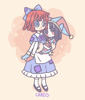 2girls black_hair blush bow carrying carrying_person closed_eyes doll english_text hat himiko_(hydrangeamaiden) jester jester_cap jester_costume multiple_girls patchwork_clothes pomni_(the_amazing_digital_circus) princess_carry purple_bow ragatha_(the_amazing_digital_circus) red_hair sleeping the_amazing_digital_circus