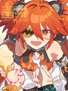 2girls animal_ear_hairband animal_ears asymmetrical_gloves bare_shoulders bear_ear_hairband bear_ears belle_(zenless_zone_zero) black_gloves blush bracelet breasts collar collarbone commentary_request crop_top elbow_gloves eyepatch fake_animal_ears feeding flame_print food gloves hair_between_eyes hair_ornament hairband holding holding_food holding_ice_cream holding_spoon ice_cream jewelry jumpsuit jumpsuit_around_waist koleda_belobog long_hair looking_at_food medium_breasts metal_collar mine_(myfoot916) multiple_girls open_mouth pov pov_hands red_eyes red_hair sharp_teeth single_elbow_glove sparkle sphere_hair_ornament spoon teeth twitter_username uneven_gloves zenless_zone_zero