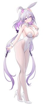 1girl absurdres alternate_costume animal_ear_hairband animal_ears bare_legs blush bow bowtie breasts butterfly_earrings castorice_(honkai:_star_rail) collar commentary_request covered_navel detached_collar earrings fake_animal_ears full_body hairband hand_up high_heels highleg highleg_leotard highres honkai:_star_rail honkai_(series) jewelry large_breasts legs leotard long_hair looking_at_viewer merchandise_available miko_(royal_milk) parted_lips playboy_bunny pointy_ears purple_eyes purple_hair rabbit_ear_hairband rabbit_ears rabbit_tail shoes sidelocks simple_background solo standing strapless strapless_leotard tail thighs very_long_hair white_background white_bow white_bowtie white_collar white_leotard white_shoes white_wrist_cuffs wrist_cuffs
