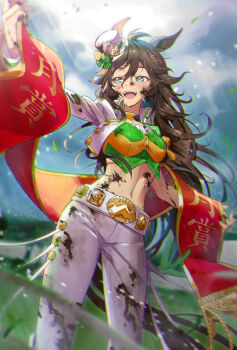 1girl animal_ears choker commentary_request cowboy_shot crop_top dirty dirty_face green_shirt happy_birthday hat highres horse_ears horse_girl jacket kafuki_fuka long_sleeves midriff mini_hat mini_top_hat mr._c.b._(umamusume) mud navel outdoors pants shirt solo standing stomach strapless strapless_shirt tail top_hat umamusume white_hat white_jacket white_pants yellow_choker